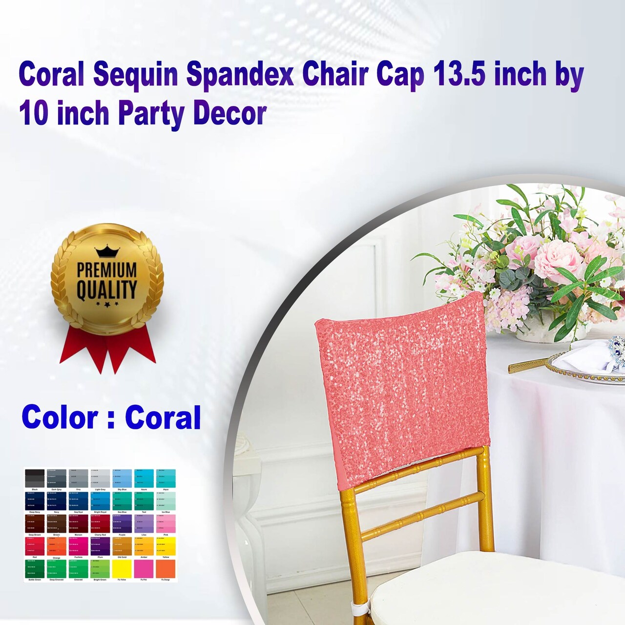 1 Piece Coral Sequin Spandex Chair Cap 13.5 inch by 10 inch Party Decor